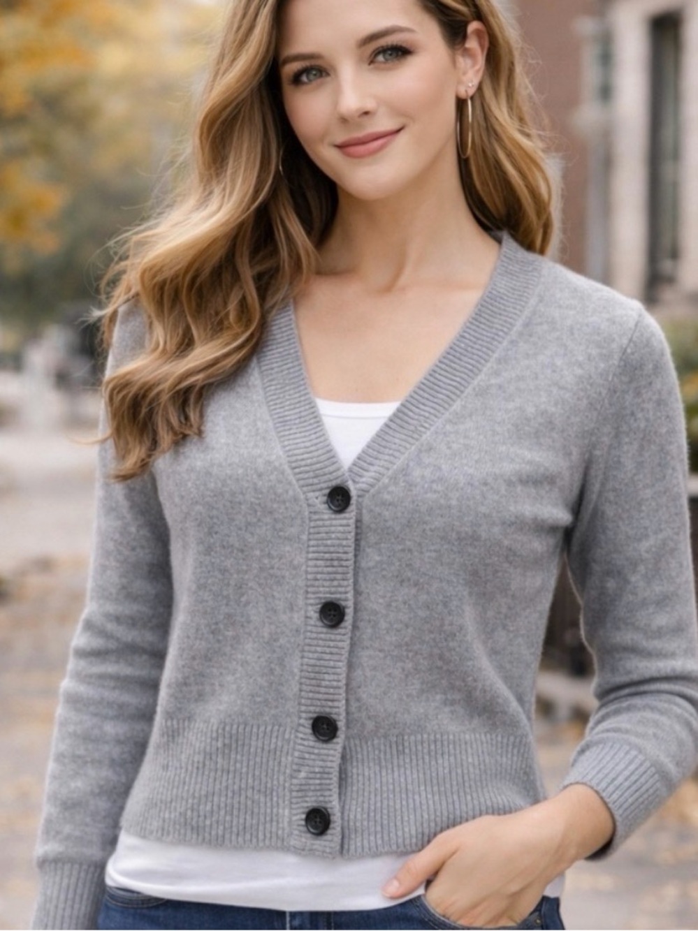 J. Crew Heather Gray Cashmere V-Neck Button-Front Cardigan